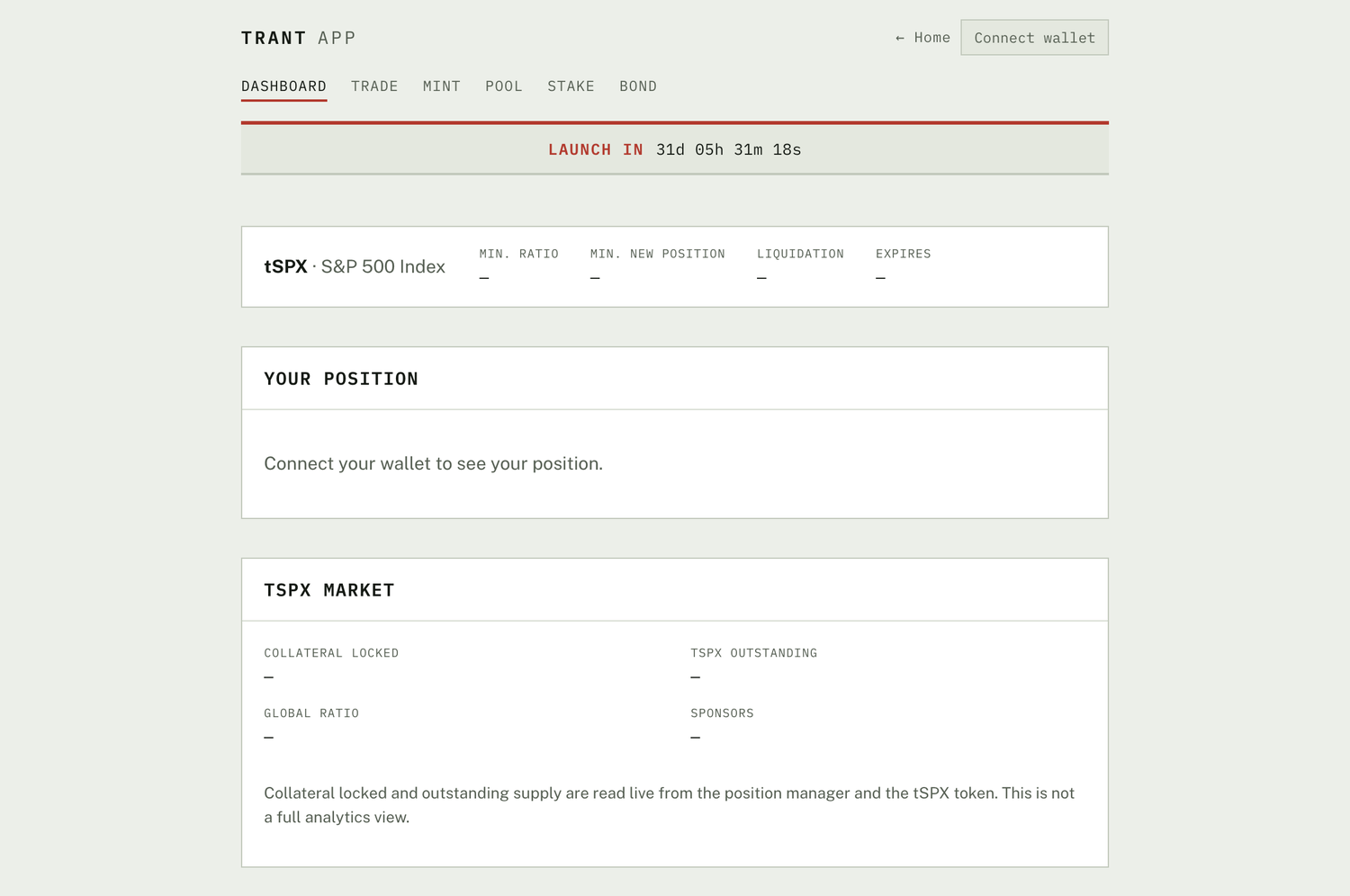 TRANT app dashboard: tSPX synth header with minimum ratio, minimum new position, liquidation and expiry fields; a 'Your position' panel prompting to connect a wallet; and a 'tSPX market' panel with collateral locked, outstanding, global ratio and sponsors.