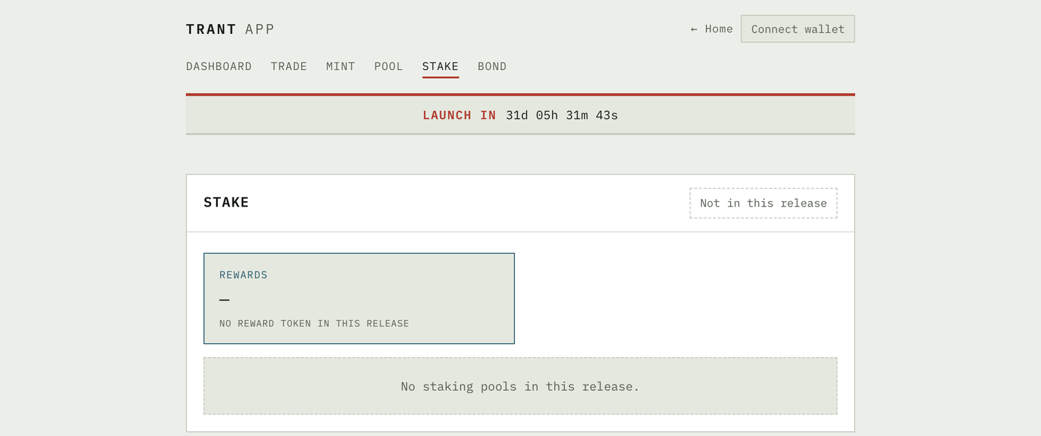 TRANT app stake screen with a 'Rewards' card reading 'no reward token in this release' and a panel reading 'No staking pools in this release.'